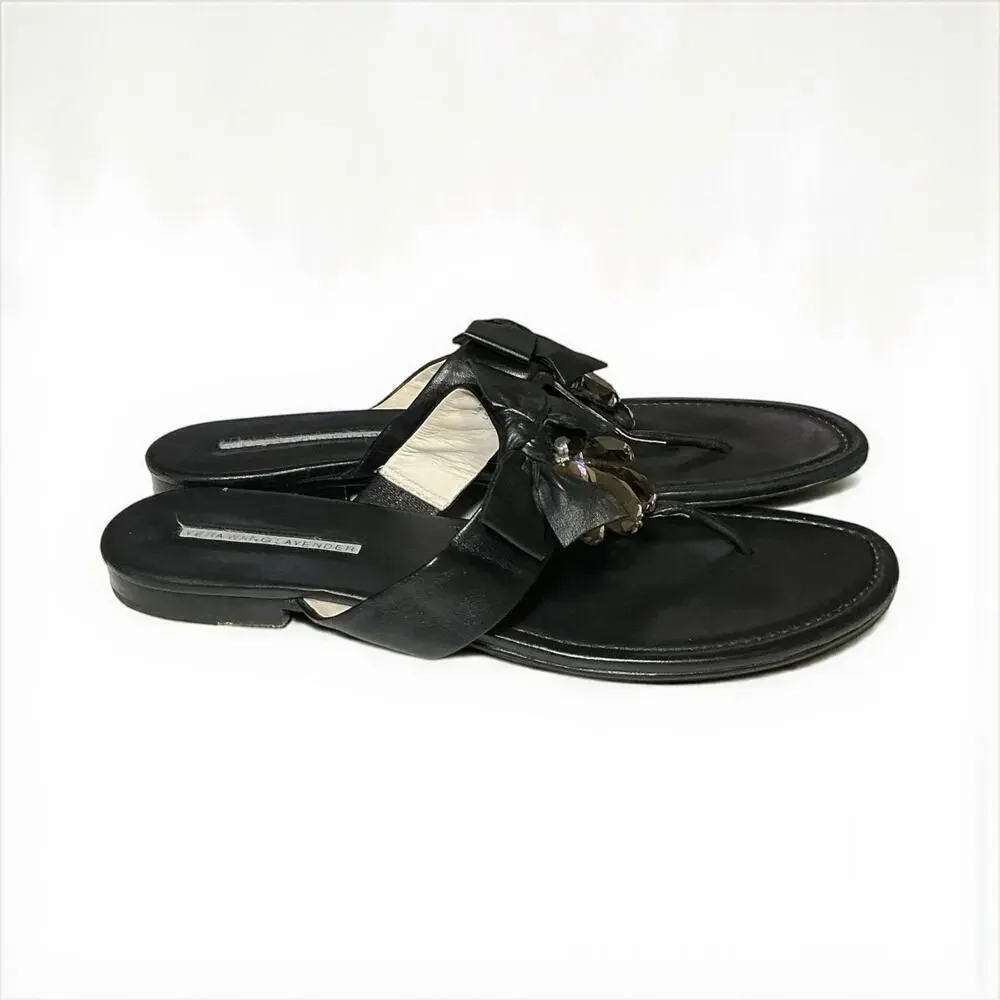 Vera Wang Lavender Black Leather Bow Jeweled Sandals Size 9 M - Picture 7 of 13
